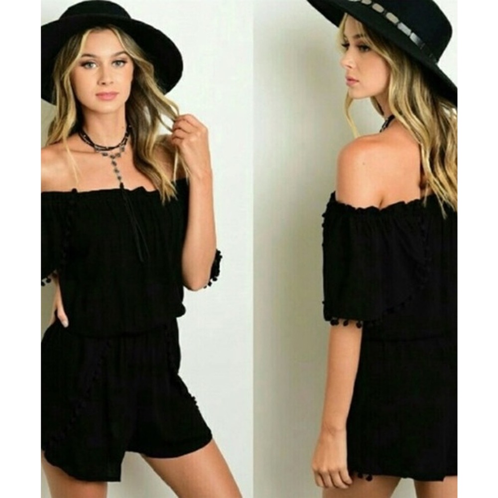 Flying Tomato Off Shoulder Romper Pom Pom Trim Boho Black Women M